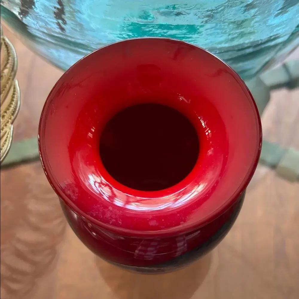 Michael Nourot Vintage Red Art Glass Vase with Colored Swirl, Signed by Artist
